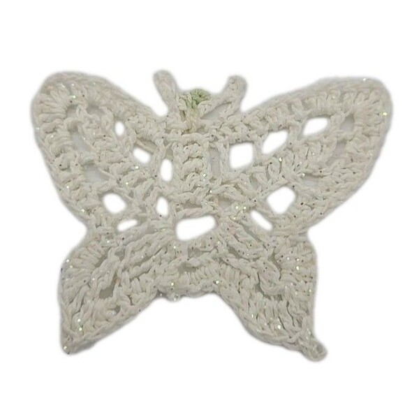 Vintage Christmas Tree Ornament Hand Crocheted Butterfly White Holiday Decorate - Picture 2 of 6